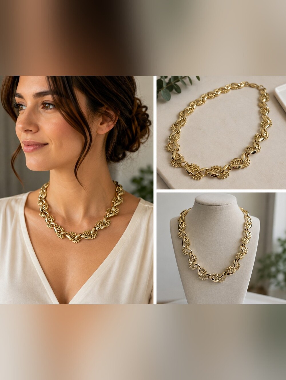Vintage‎ Coro Gold Leaf Choker: 1950s Mid-Century Chain Link Necklace Signed